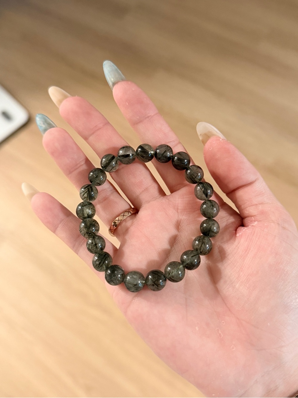 Natural Green Tourmalinated Quartz Beaded Bracelet